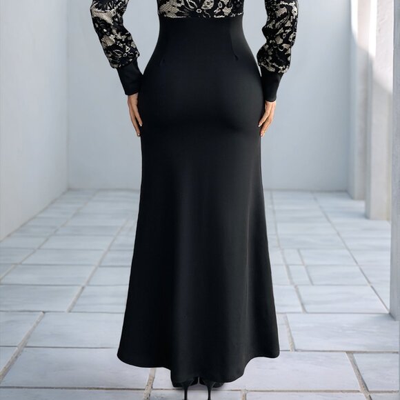 Lace V-Neck Long Sleeve Maxi Dress | Sheath Formal Stretchy Dress - Picture 9 of 12